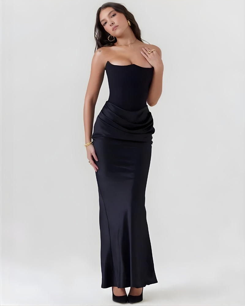 Women’s Off-Shoulder Maxi Evening Dress with Draped Waist for Formal Occasions