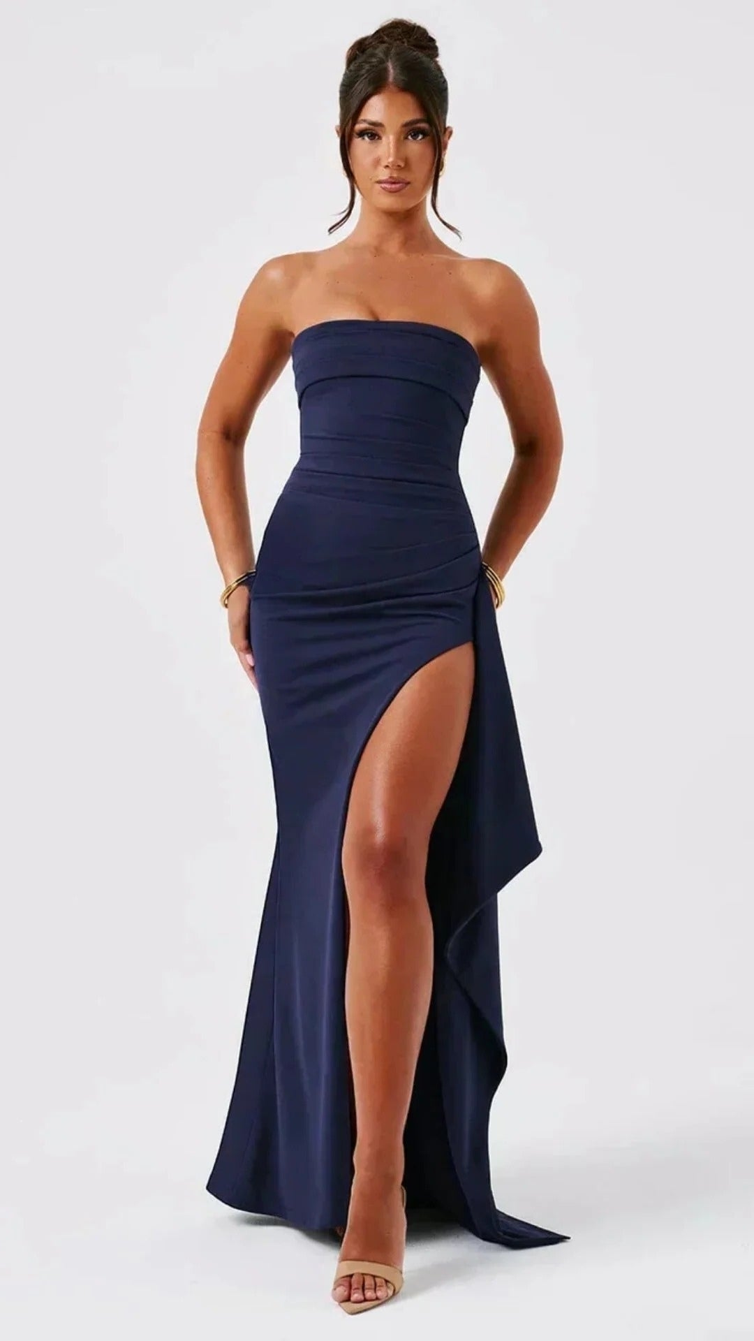 Women’s Strapless Maxi Dress with High Side Slit for Elegant Evening Wear